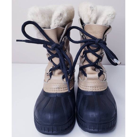 SOREL Kid's Size 2 Insulated Waterproof Winter Snow Boots Leather Rubber Beige - Picture 6 of 16